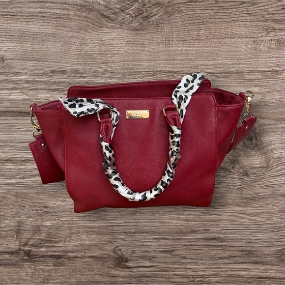 BCBG Paris Satchel Handbag with scarf wrapped strap handles. - Picture 2 of 7